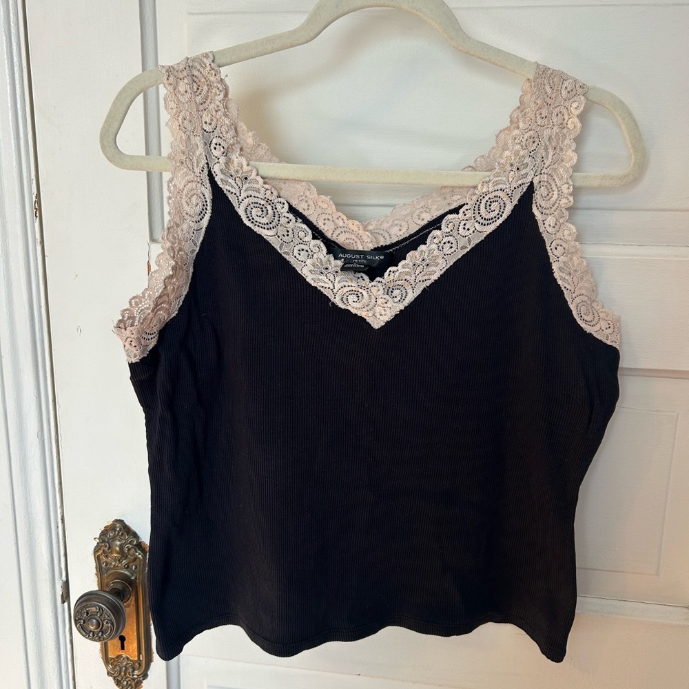 VTG August Silk Y2K Tank Large Black Lace Ribbed Cami Dark Feminine Whimsy Goth